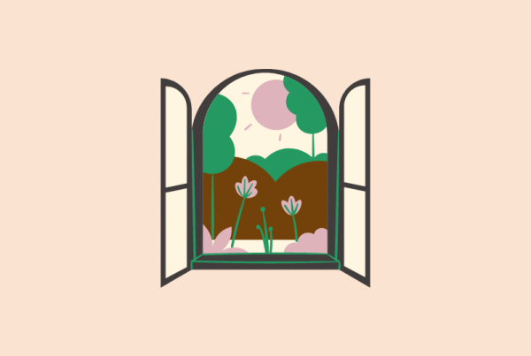 Rysunek otwartego okna, za oknem kwiaty słońce, miracle morning