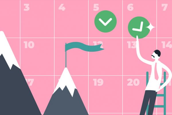 Rysunek człowiek na drabinie, który układa zadania w wielkim kalendarzu - realizacja zadań, gtd